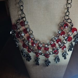 EL Signed Erica Lyons Red Glass Crystal Necklace Gun Metal Bib